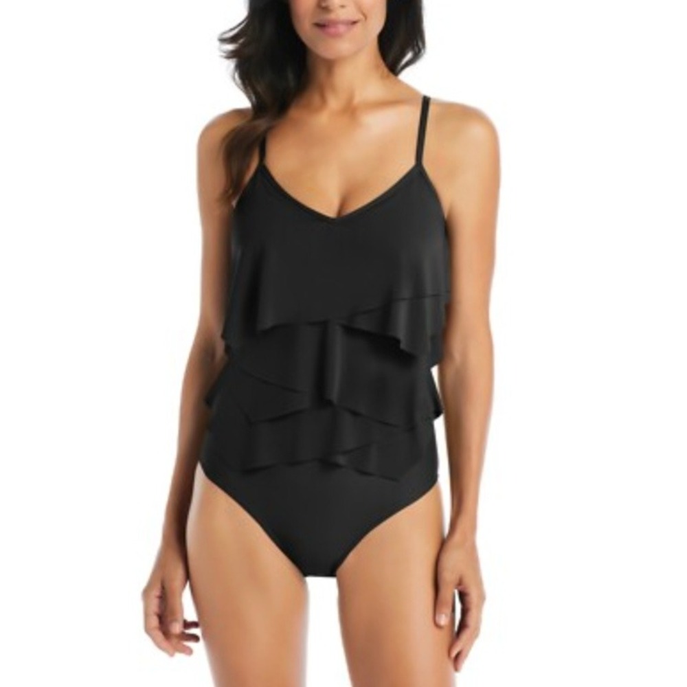 Beyond Swim One Piece 10 Black Ruffle Tummy Control Beach Vacation